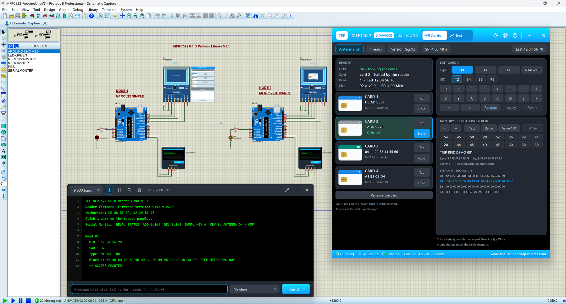 MFRC522 Library for Proteus V1.1: two Arduino UNOs with RFID-RC522 boards, the MFRC522 Advance pop-up with its card editor and the TEP Serial Monitor in its Simple interface