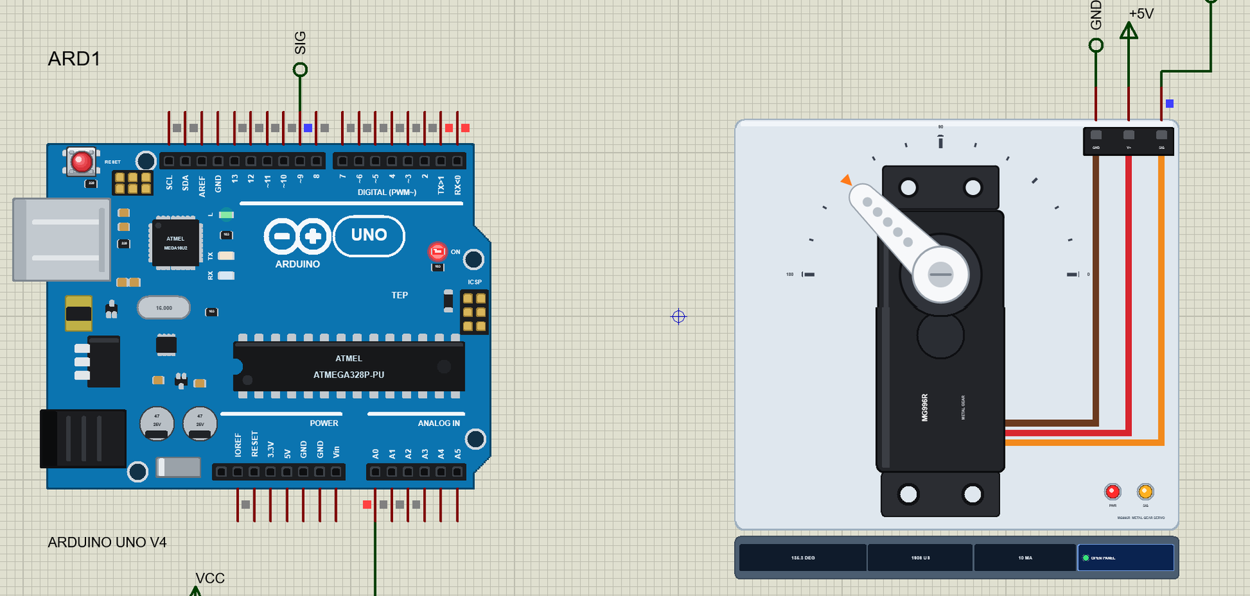 MG996R Servo Motor Library for Proteus: an Arduino UNO V4.0 driving the MG996R metal gear servo with its horn at 135 degrees