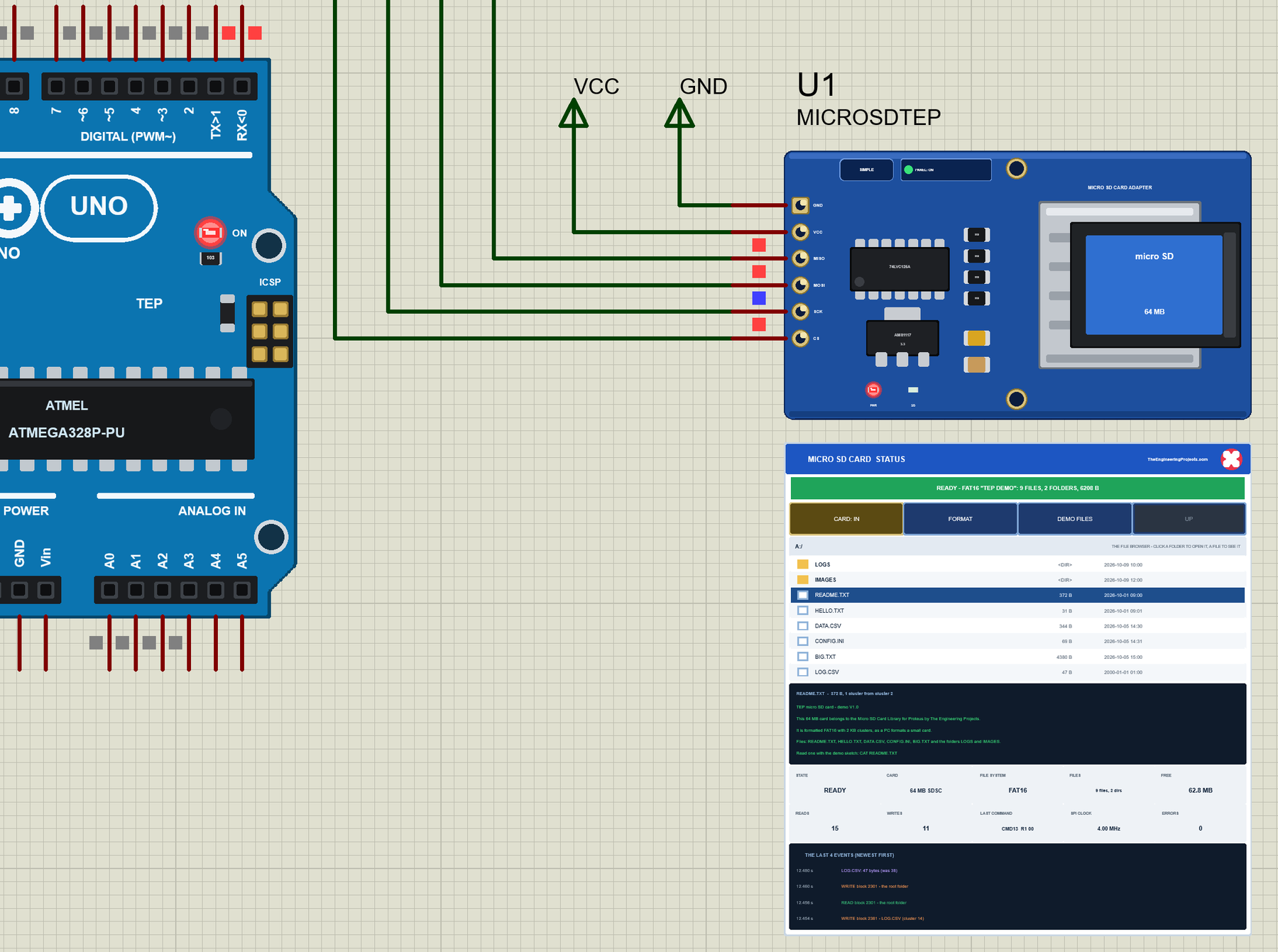 Micro SD Card Module Library for Proteus V1.0: the module with its STATUS panel and file browser