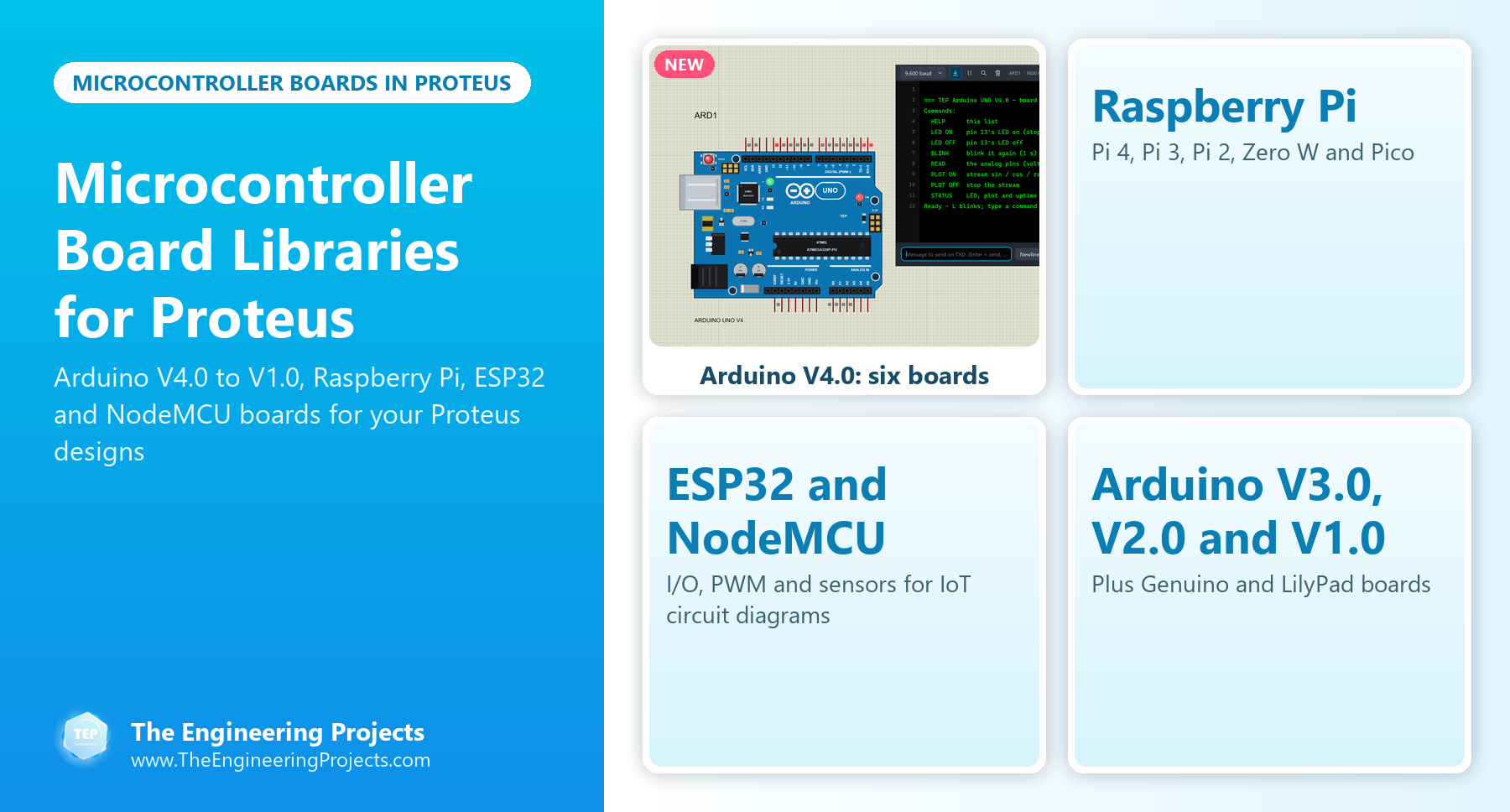 Microcontroller Board Libraries for Proteus: the new Arduino V4.0 boards, Raspberry Pi, ESP32, NodeMCU and older Arduino boards
