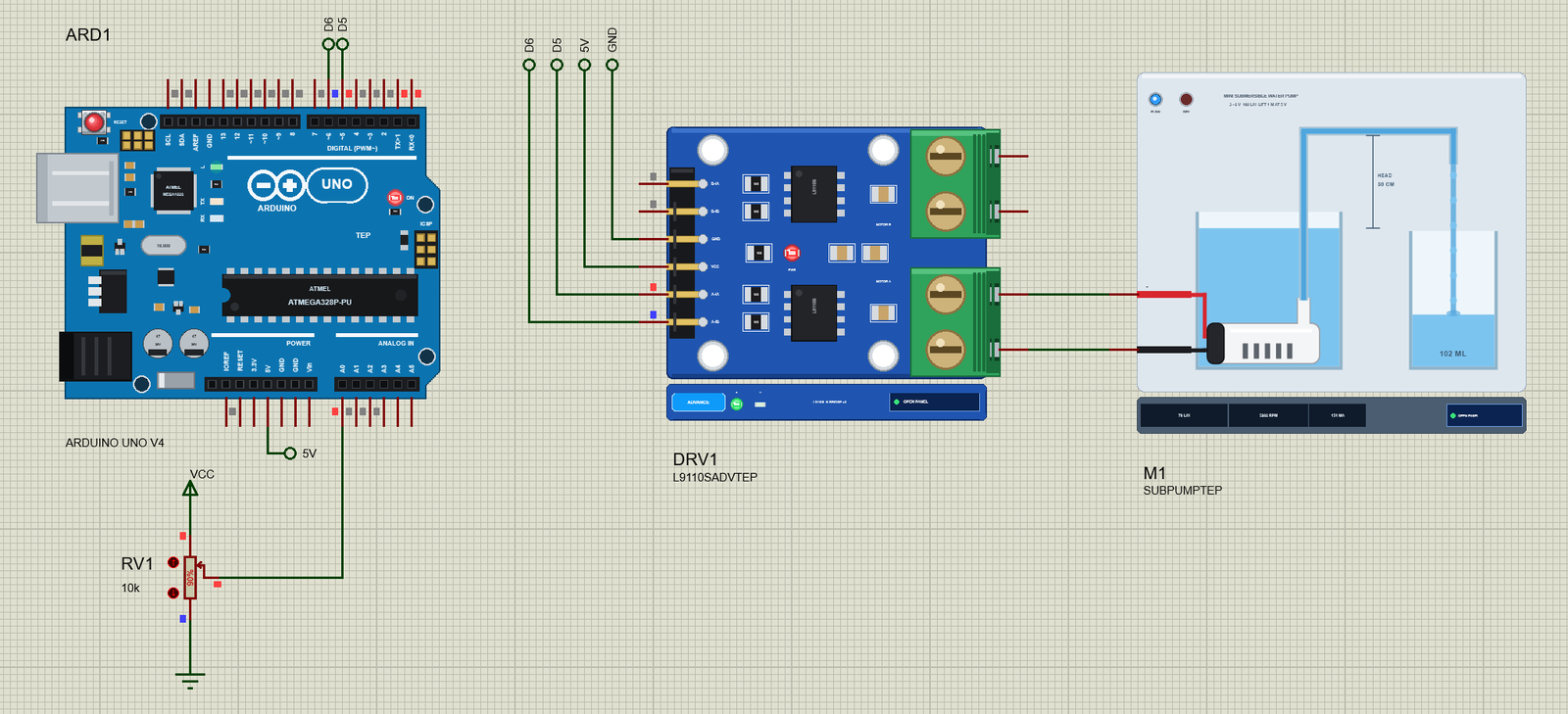 Mini Submersible Water Pump Library for Proteus: an Arduino UNO V4.0, the L9110S driver and the pump filling a cup