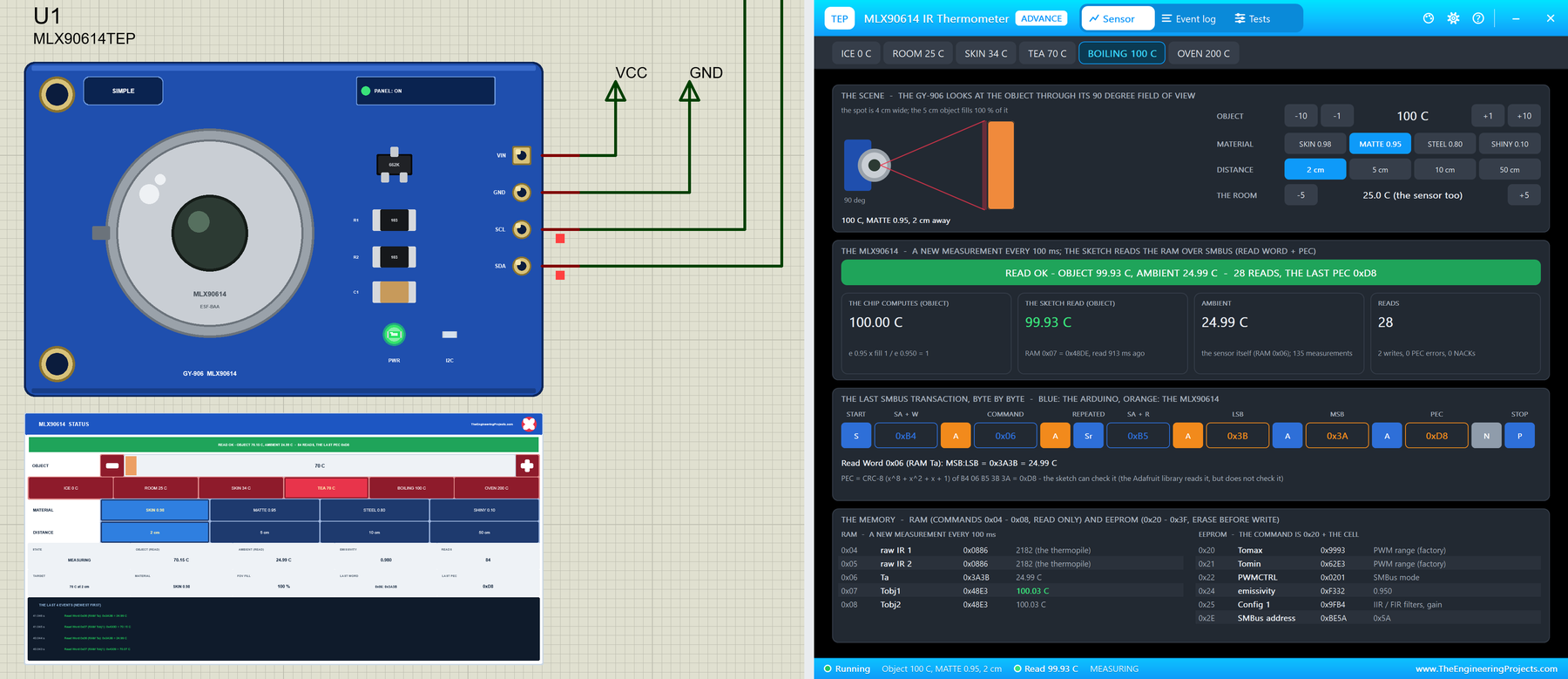 MLX90614 IR Thermometer Library for Proteus V1.0: a GY-906 module with its STATUS panel and the Advance pop-up