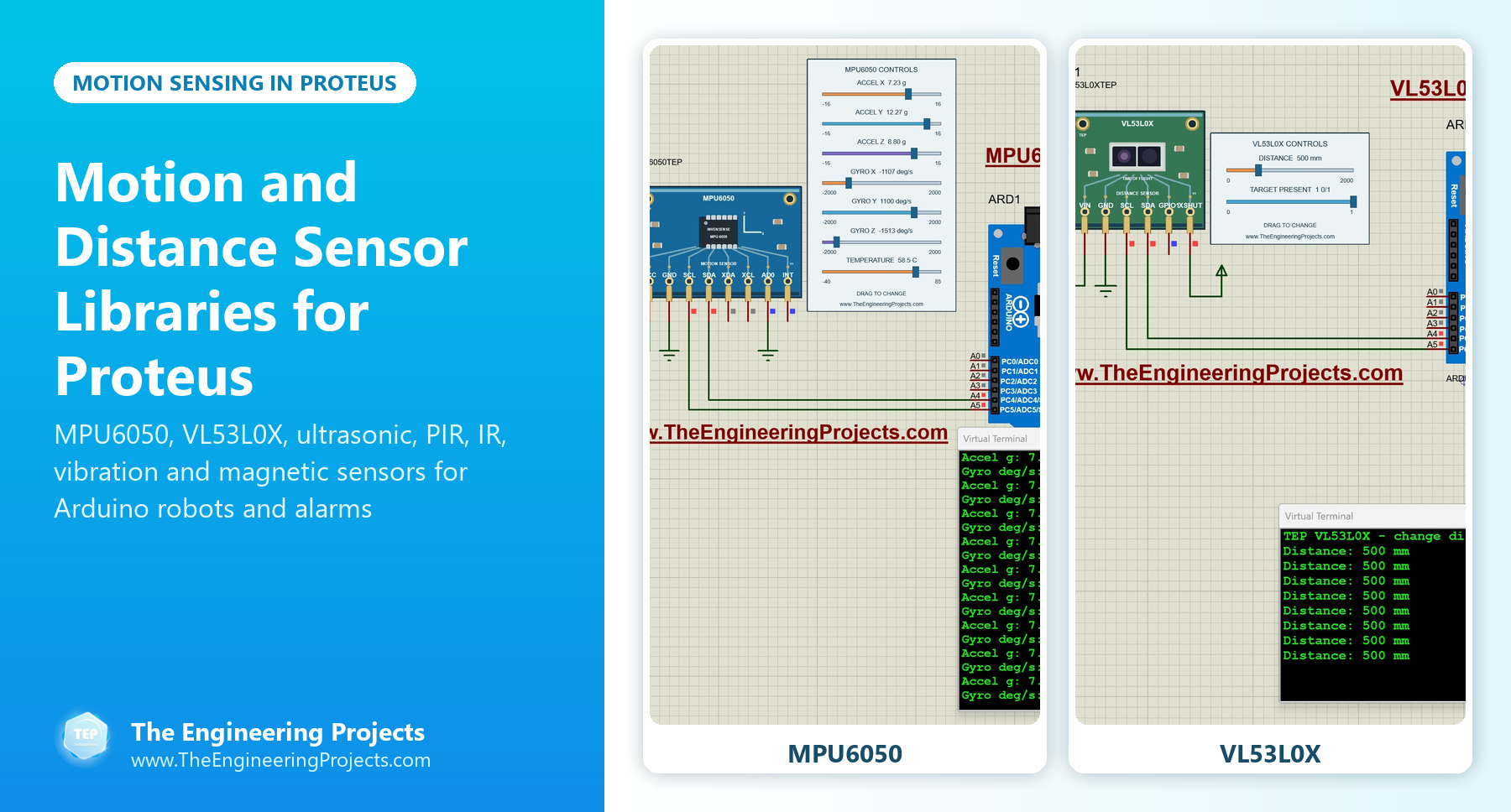Motion and Distance Sensor Libraries for Proteus: MPU6050, VL53L0X, ultrasonic, PIR and IR sensors