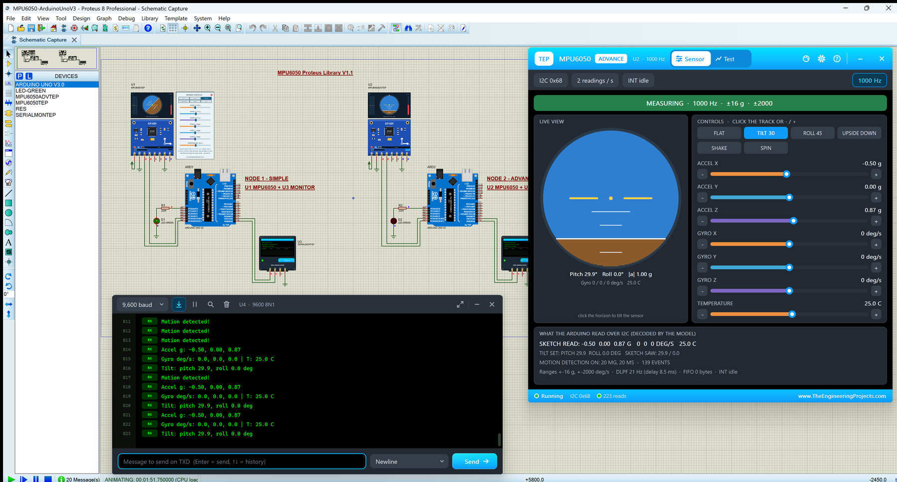 MPU6050 Sensor Library for Proteus V1.1: two Arduino UNOs with blue GY-521 boards, the MPU6050 Advance pop-up Sensor page at TILT 30 with pitch 29.9 degrees and the TEP Serial Monitor in its Simple interface