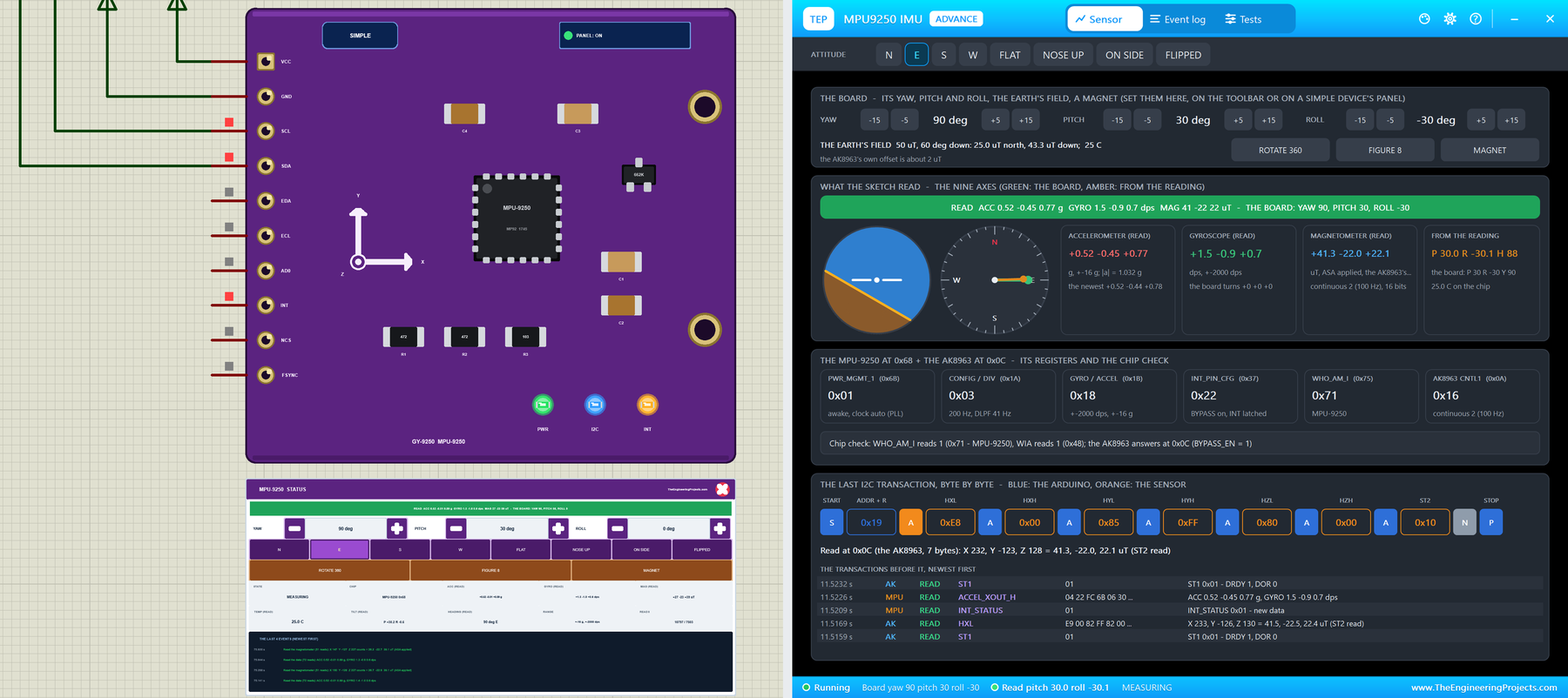 MPU9250 Library for Proteus V1.0: the GY-9250 module with its STATUS panel and the Advance pop-up