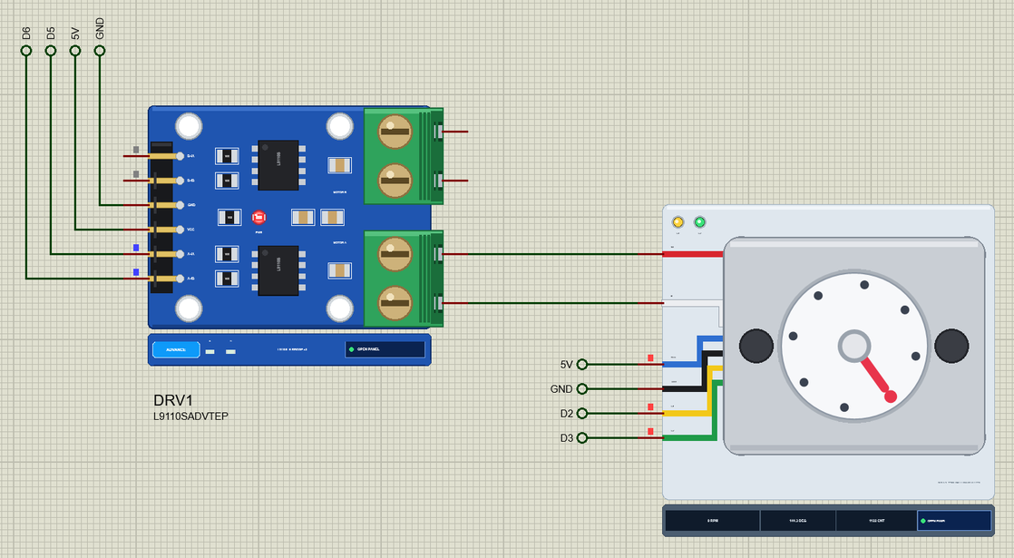 N20 Encoder Gear Motor Library for Proteus: the N20 with its dial at 144 degrees and the C1 and C2 LEDs lit, driven by the L9110S