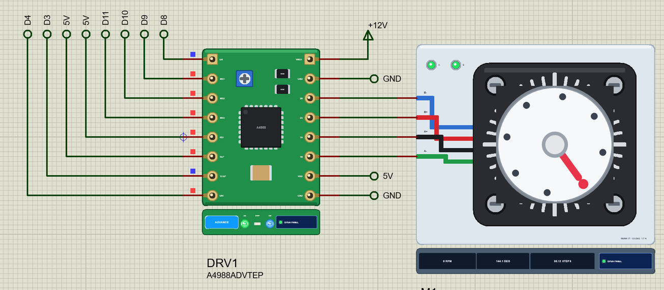 NEMA 17 Stepper Motor Library for Proteus: the 42 mm stepper on an A4988 driver with its dial turned and both coil LEDs lit