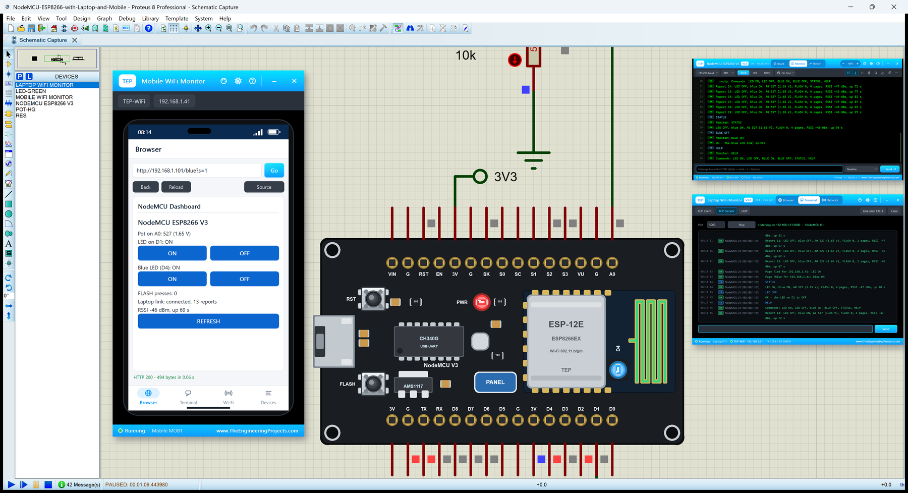 NodeMCU ESP8266 V3 Library for Proteus V2.0: the board on Wi-Fi with the phone dashboard and the laptop terminal
