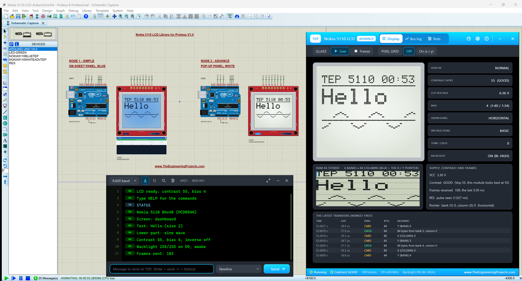 Nokia 5110 LCD Library for Proteus V1.0: two Arduino UNO V4.0 boards with a blue and a white Nokia 5110 LCD showing the dashboard, the Nokia 5110 Advance pop-up Display page and the built-in serial monitor answering STATUS