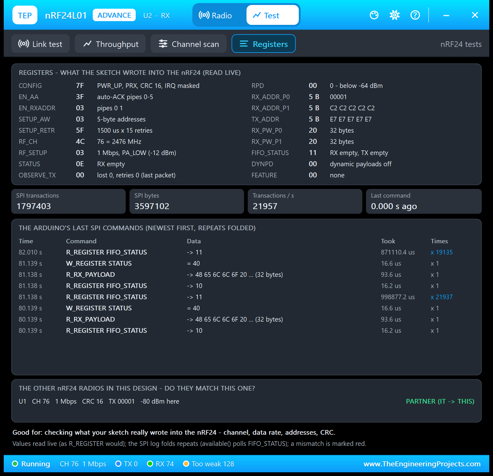 nRF24L01 registers in Proteus: CONFIG 7F, RF_CH 4C = 2476 MHz, RF_SETUP 03 = 1 Mbps PA_LOW, the last SPI commands and U1 marked PARTNER