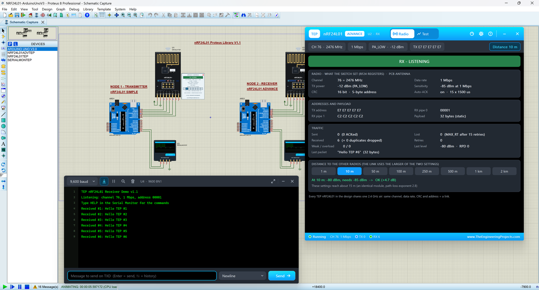 nRF24L01 Library for Proteus V1.1: two Arduino UNOs with black nRF24L01 boards, the nRF24L01 Advance pop-up with its Radio page and the TEP Serial Monitor in its Simple interface