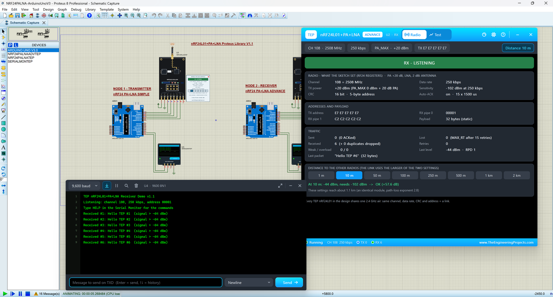 nRF24L01 PA LNA Library for Proteus V1.1: two Arduino UNOs with nRF24L01+PA+LNA boards, the Advance pop-up Radio page at -44 dBm and the TEP Serial Monitor in its Simple interface