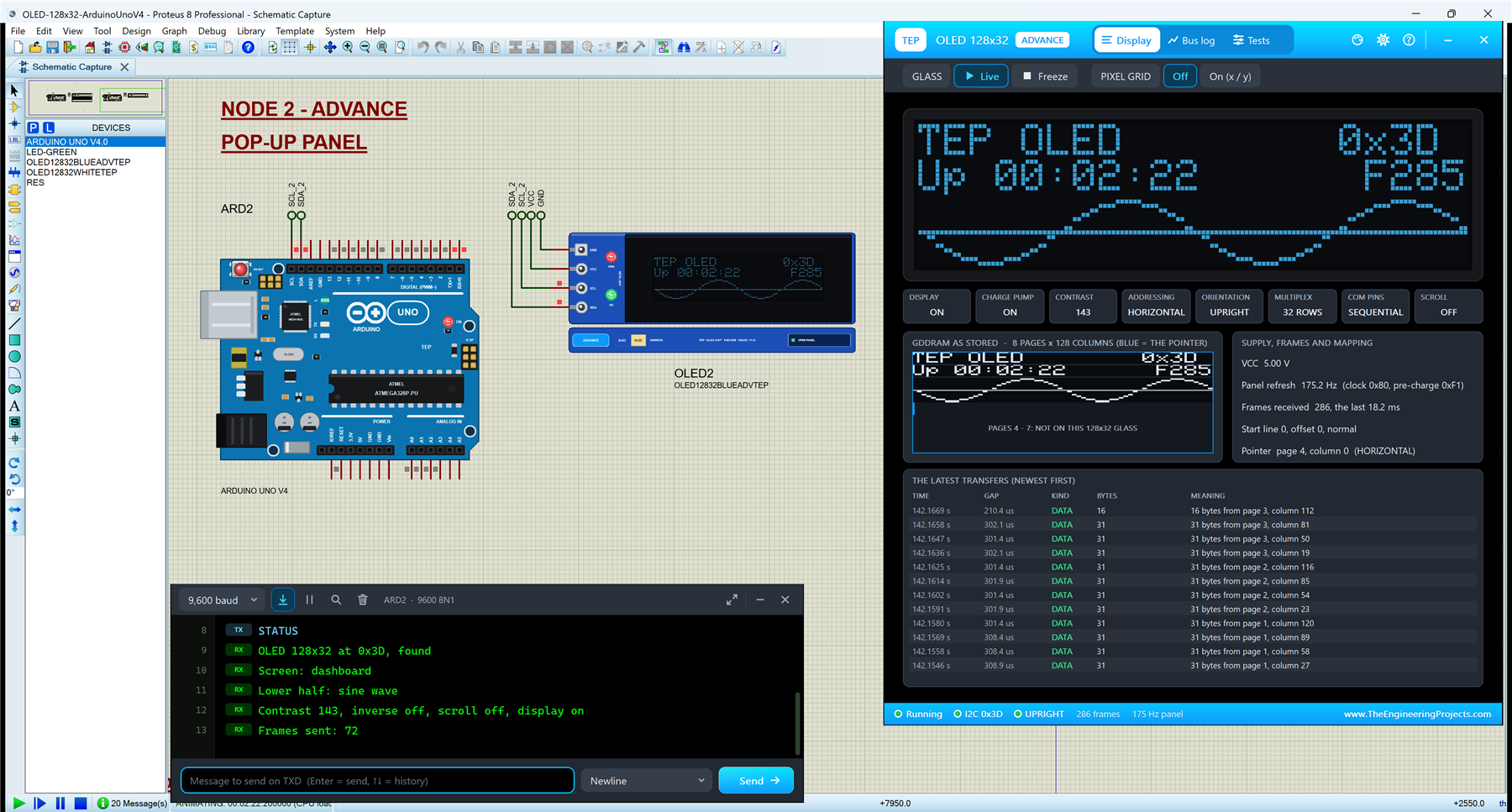 OLED 128x32 Library for Proteus V1.0: an Arduino UNO V4.0 with a blue 0.91 inch I2C OLED at 0x3D showing a moving sine wave, the OLED 128x32 Advance pop-up Display page and the built-in serial monitor of the UNO