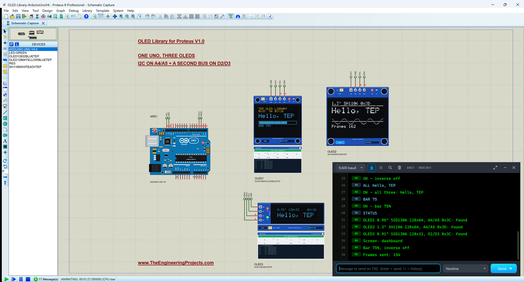 OLED Library for Proteus V1.0: one Arduino UNO V4.0 driving a 0.96 inch SSD1306 OLED, a 1.3 inch SH1106 OLED and a 0.91 inch 128x32 OLED, with the built-in serial monitor showing ALL, BAR and STATUS