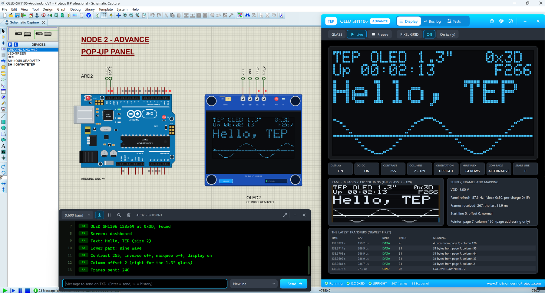 OLED SH1106 Library for Proteus V1.0: an Arduino UNO V4.0 with a blue 1.3 inch SH1106 I2C OLED at 0x3D showing the dashboard, the OLED SH1106 Advance pop-up Display page with COLUMNS 2 - 129 and the built-in serial monitor of the UNO