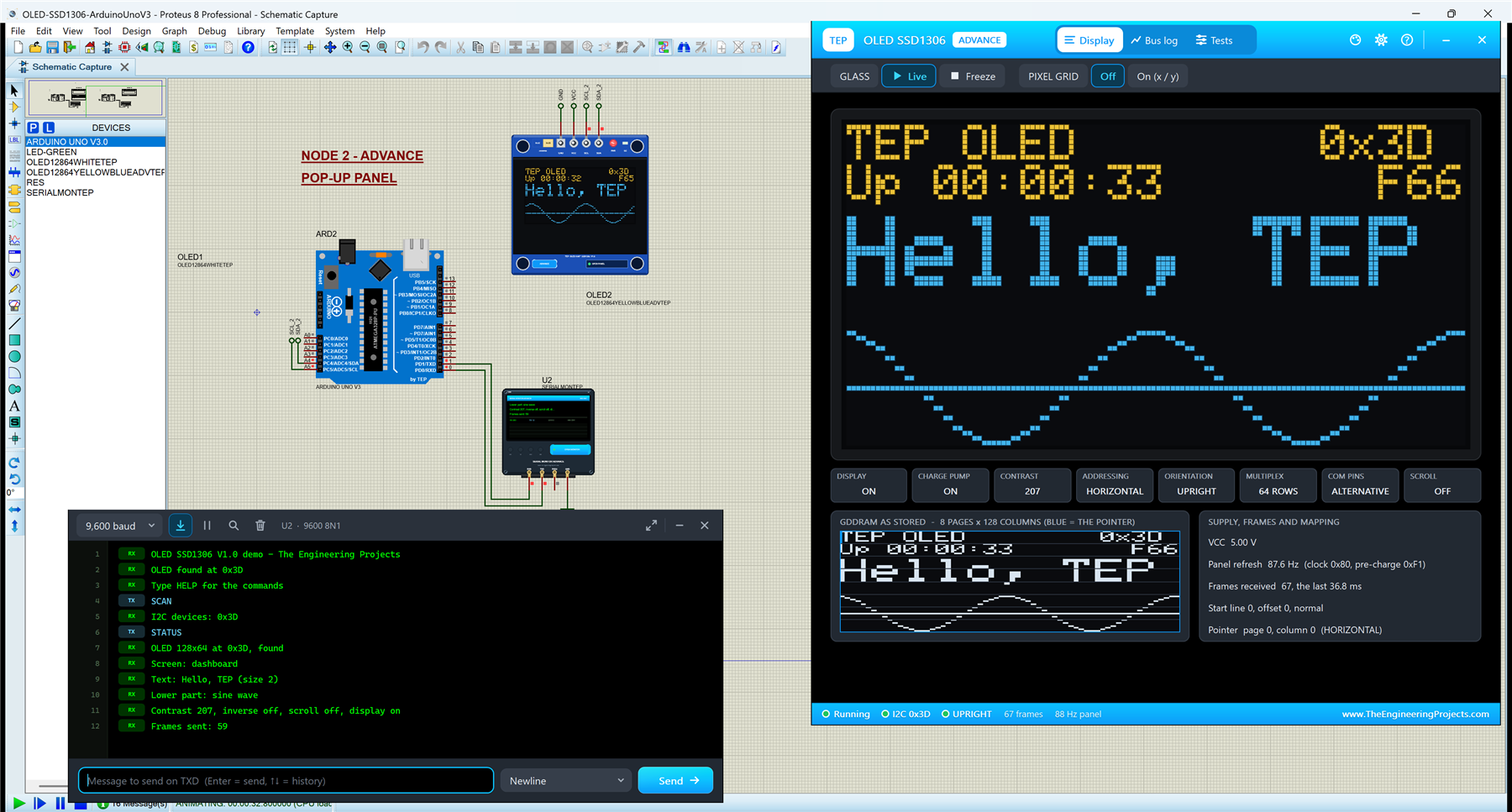 OLED SSD1306 Library for Proteus V1.0: an Arduino UNO with a yellow-blue 0.96 inch I2C OLED at 0x3D showing Hello, TEP and a sine wave, the OLED SSD1306 Advance pop-up Display page with the big glass, and the TEP Serial Monitor printing SCAN and STATUS