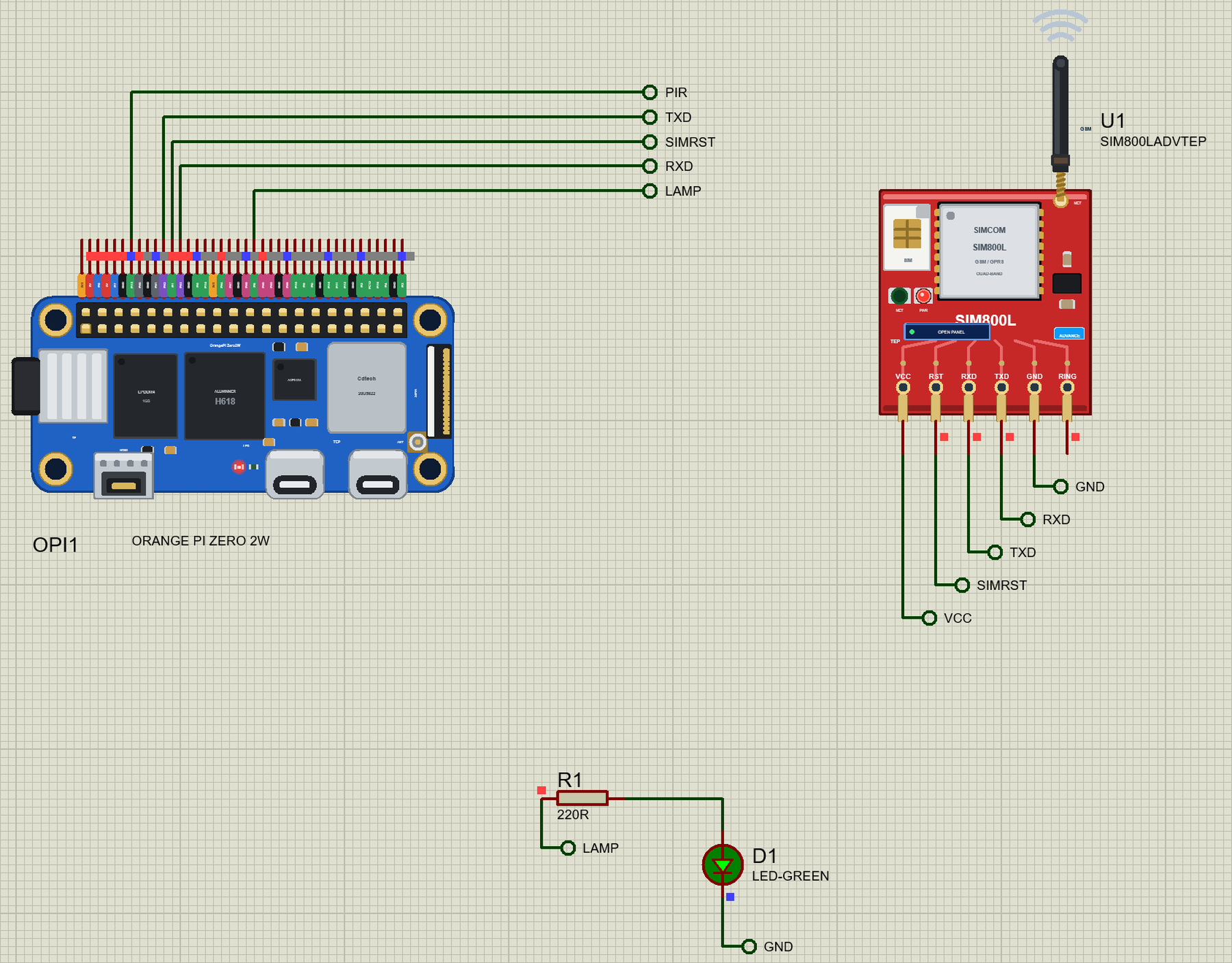 Orange Pi Zero 2W Library for Proteus: a SIM800L GSM module on UART5 and an alarm lamp