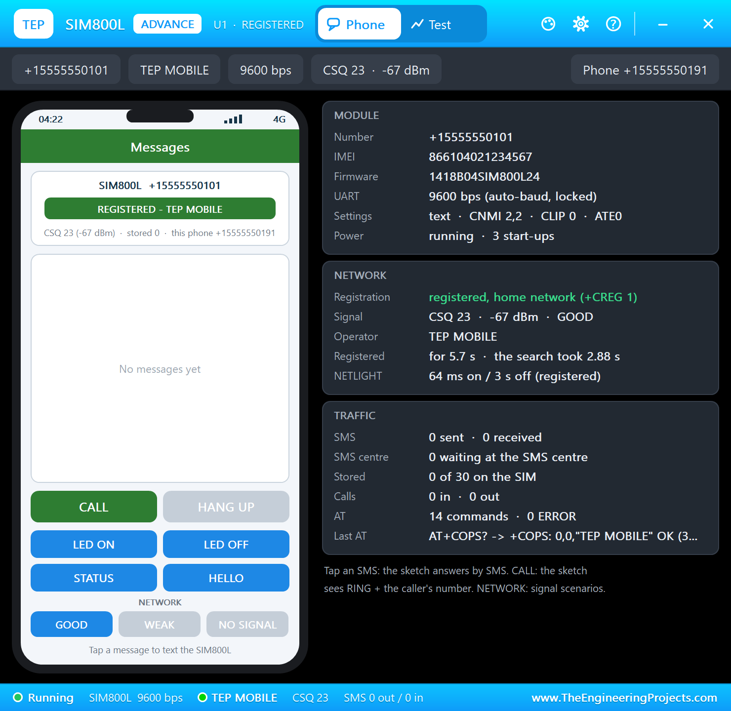SIM800L Advance pop-up in Proteus: registered on TEP MOBILE for the Orange Pi