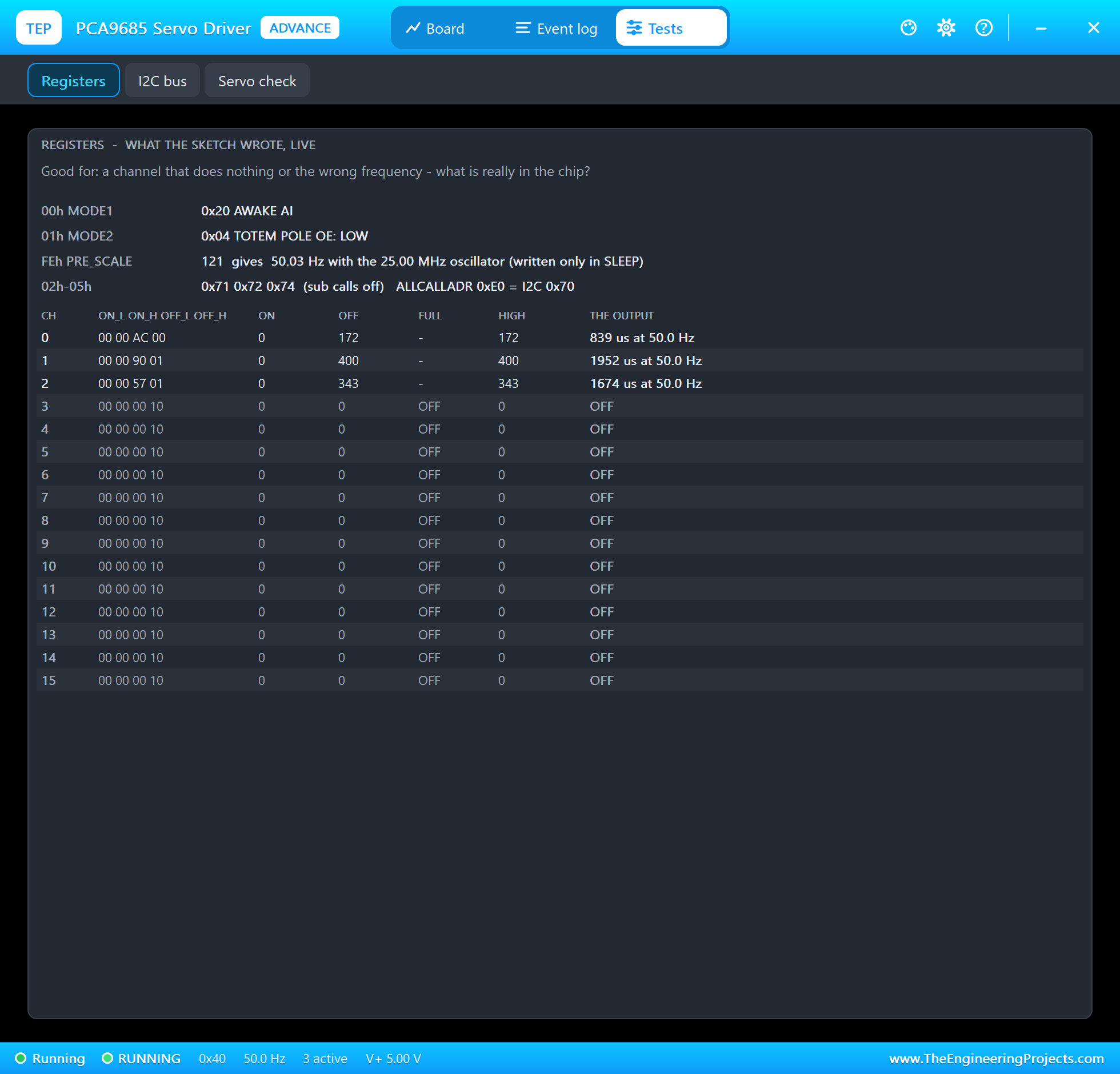 PCA9685 registers test tool in Proteus: MODE1, MODE2, PRE_SCALE 121 and the four bytes of each of the 16 channels