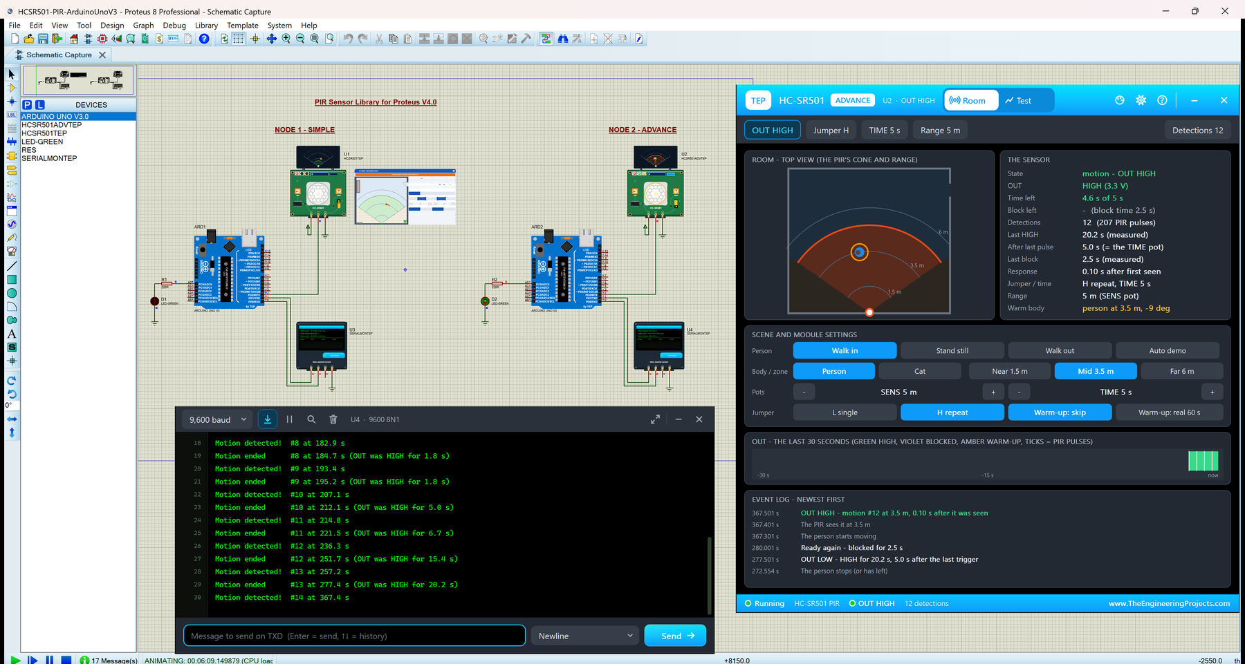 PIR Sensor Library for Proteus V4.0: two Arduino UNOs with green HC-SR501 boards, the HC-SR501 Advance pop-up Room page with OUT HIGH and a person at 3.5 m, and the TEP Serial Monitor Simple interface printing the motion lines