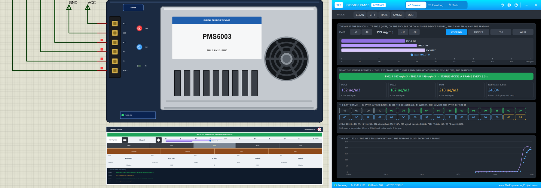 PMS5003 Particle Sensor Library for Proteus V1.0: the Simple sensor with its STATUS panel and the pop-up of the Advance one