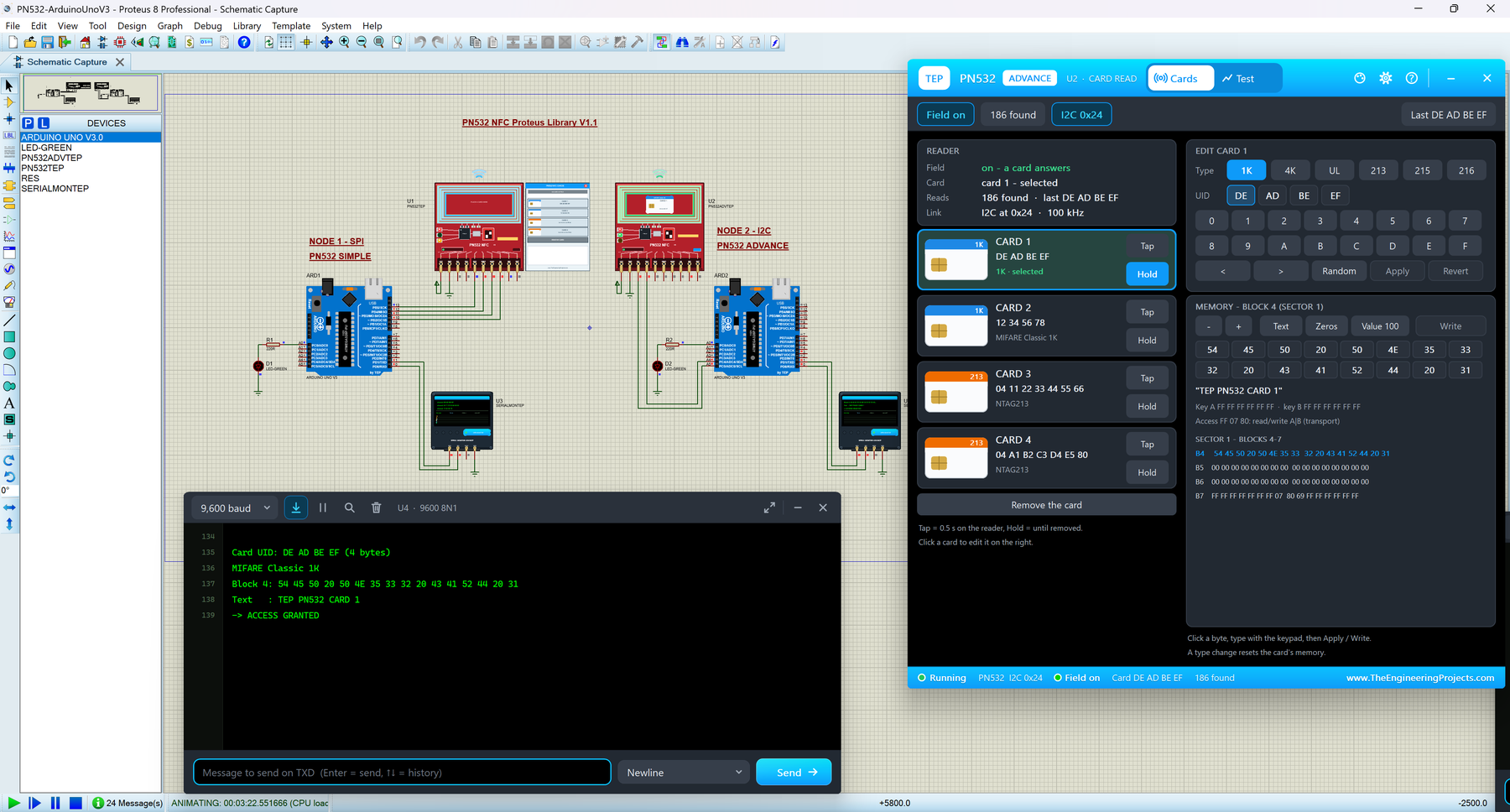PN532 NFC Library for Proteus V1.1: two Arduino UNOs with red PN532 NFC boards on SPI and I2C, the PN532 Advance pop-up with its Cards page and the TEP Serial Monitor in its Simple interface