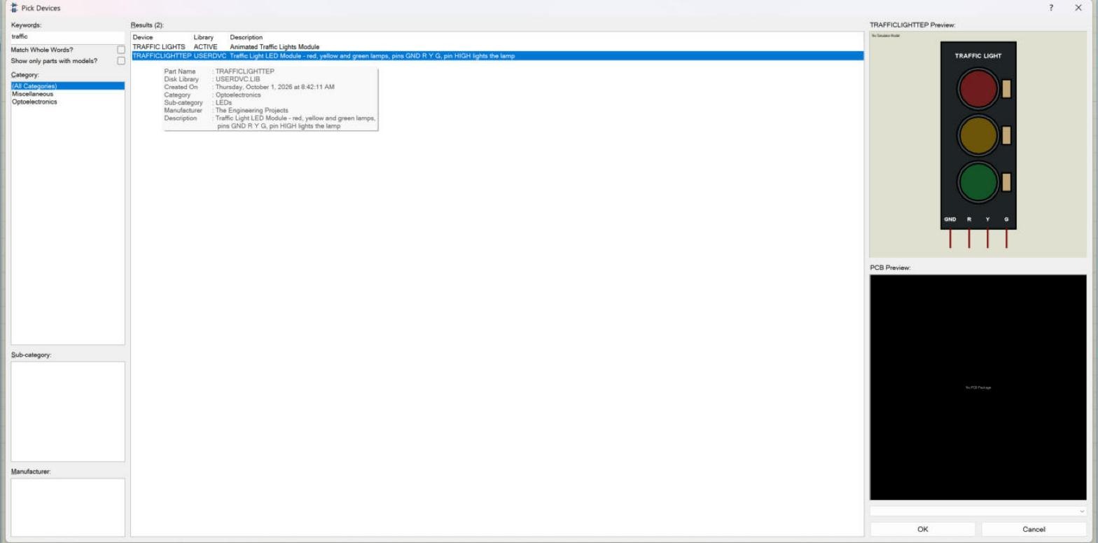 How to use Make Device in Proteus: Pick Devices search for traffic showing the new part TRAFFICLIGHTTEP from USERDVC with its preview, category Optoelectronics and sub-category LEDs