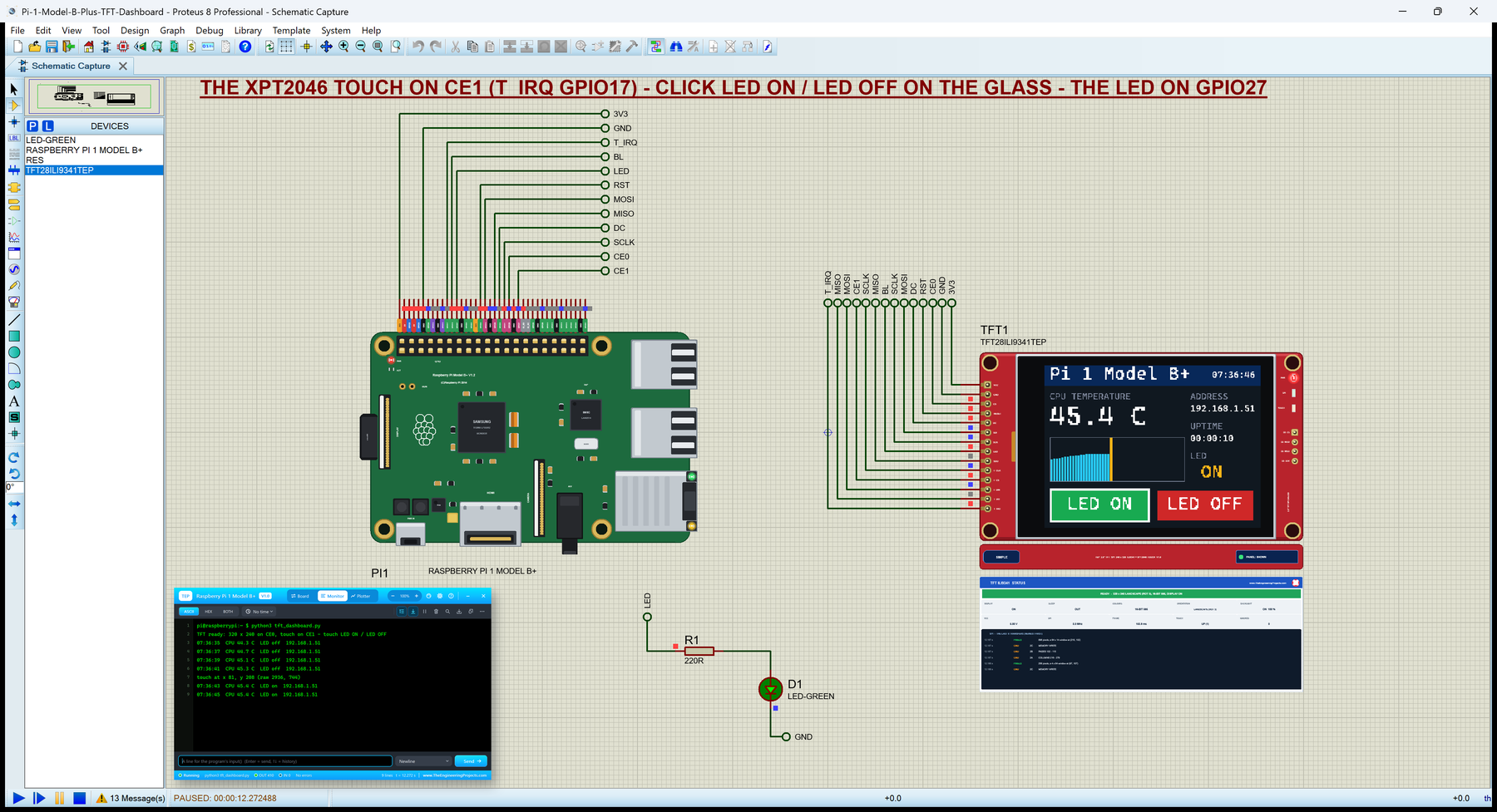 Raspberry Pi 1 Model B+ Library for Proteus: the Pi with a 2.8 inch ILI9341 touch TFT dashboard and the Pi Terminal