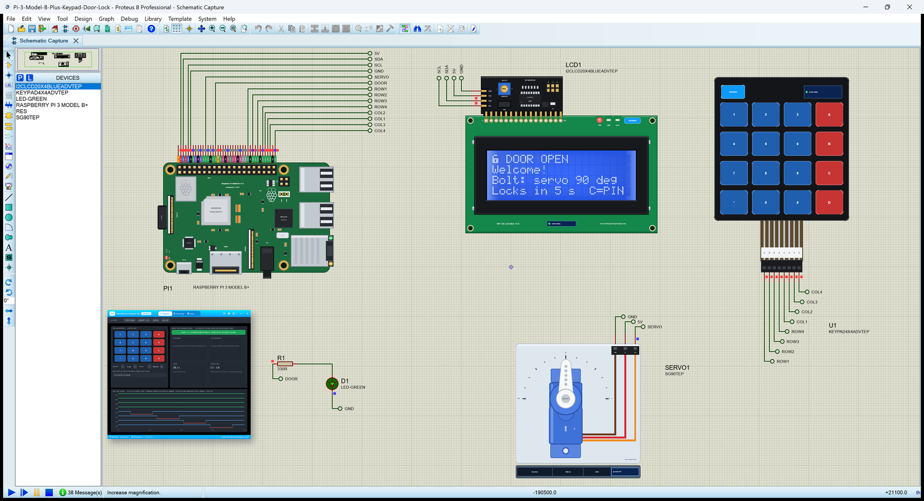 Raspberry Pi 3 Model B+ Library for Proteus: a keypad door lock with a 4x4 keypad, an I2C LCD 20x4 and an SG90 servo