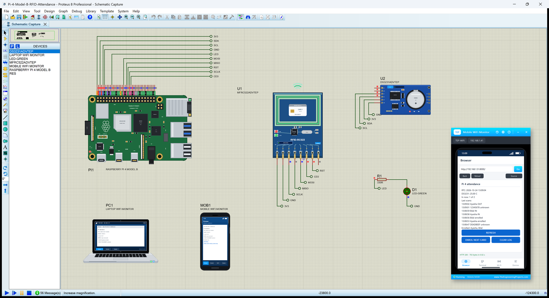 Raspberry Pi 4 Model B Library for Proteus: an RFID attendance station with an RC522, a DS3231 and a phone page