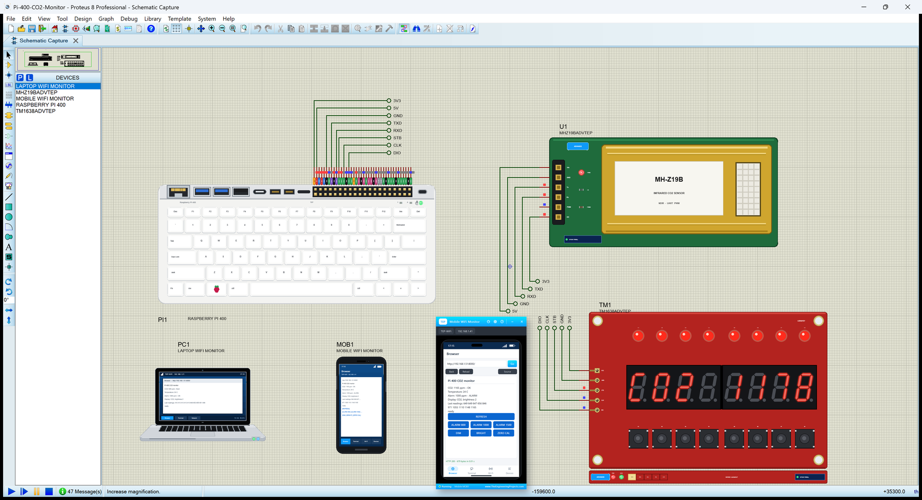 Raspberry Pi 400 Library for Proteus: a CO2 monitor with an MH-Z19B, a TM1638 board and a phone page