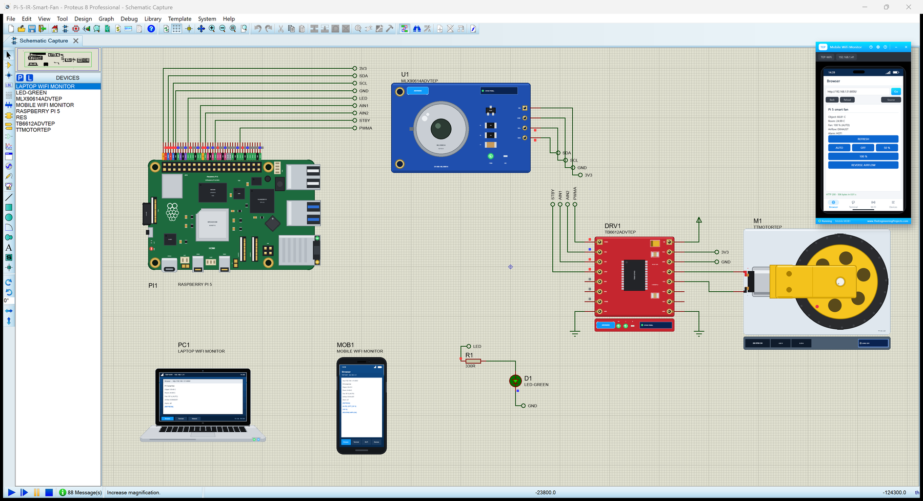 Raspberry Pi 5 Library for Proteus: an IR smart fan with an MLX90614, a TB6612FNG, a motor and a phone page