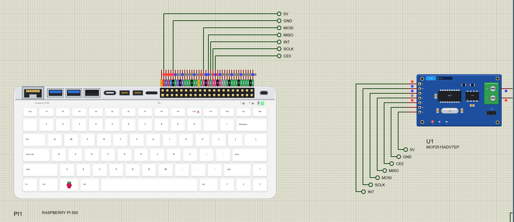 Raspberry Pi 500 Library for Proteus: a CAN bus dashboard with an MCP2515 on SPI and a web page