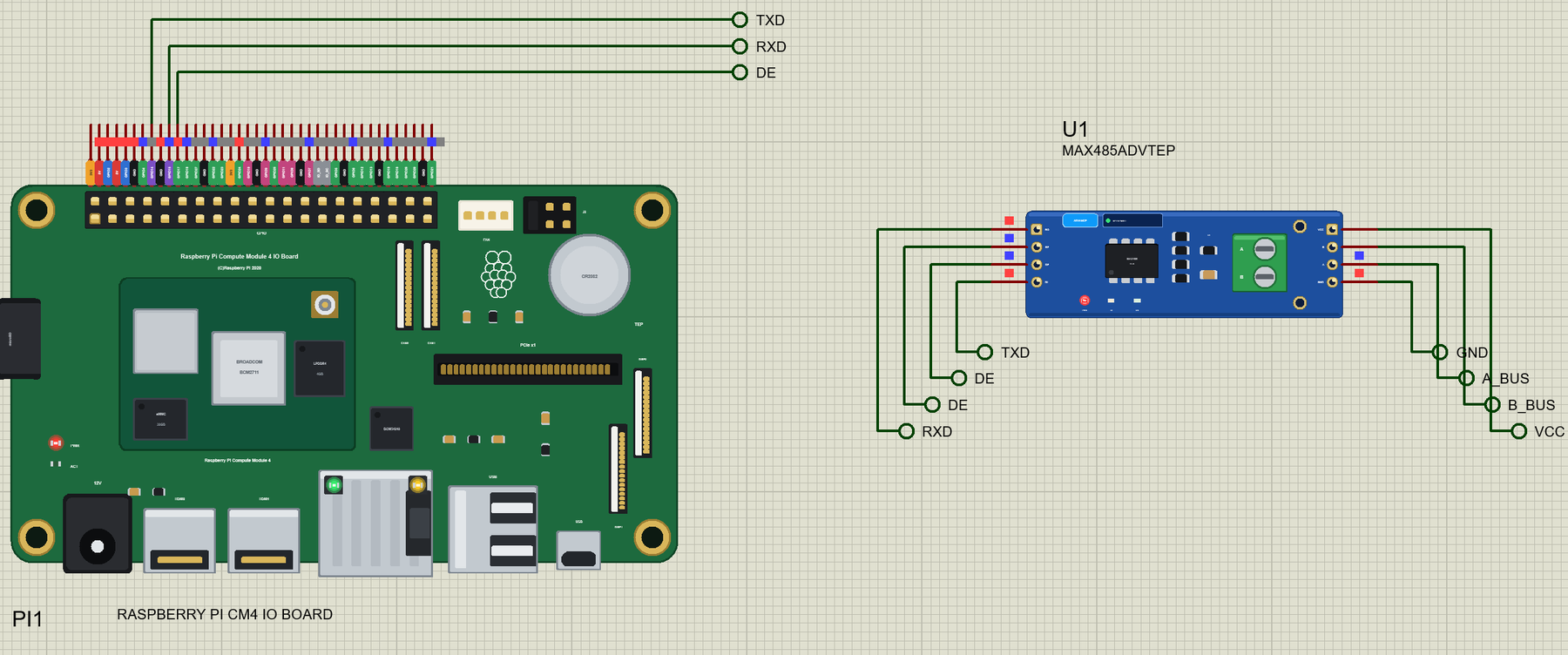 Raspberry Pi CM4 IO Board Library for Proteus: a Modbus RTU master with a MAX485 on the UART