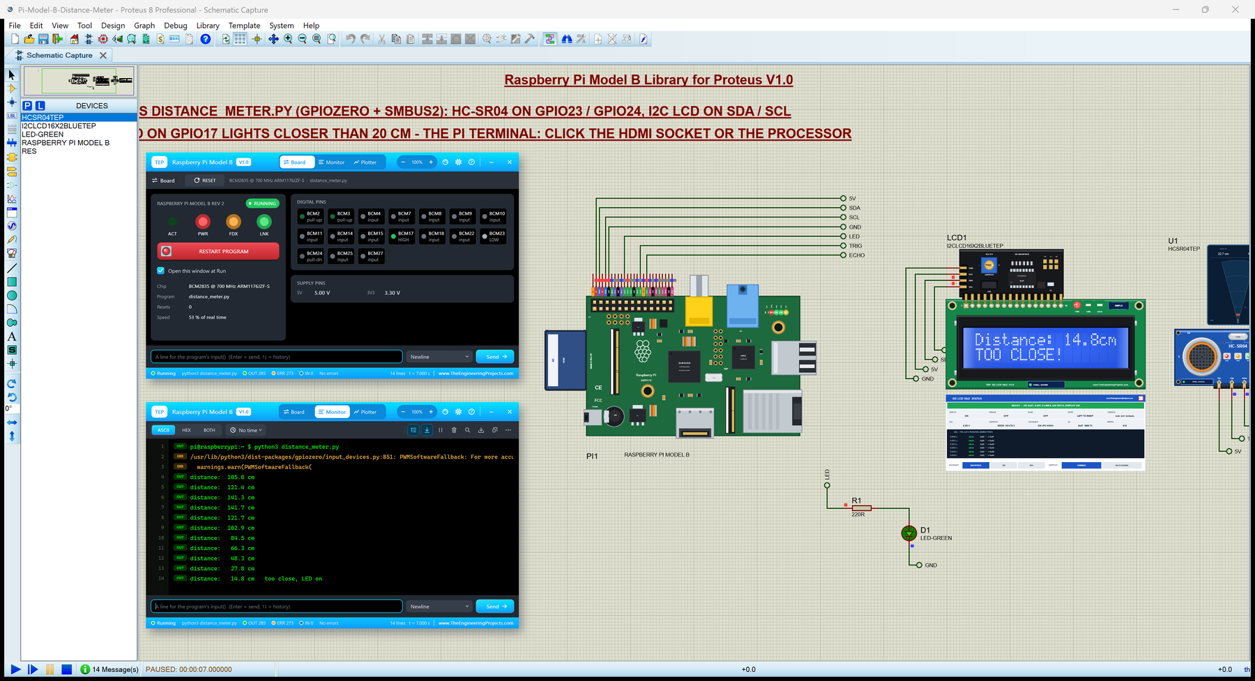 Raspberry Pi Model B Library for Proteus: the Pi running a Python distance meter with an HC-SR04, an I2C LCD and the Pi Terminal