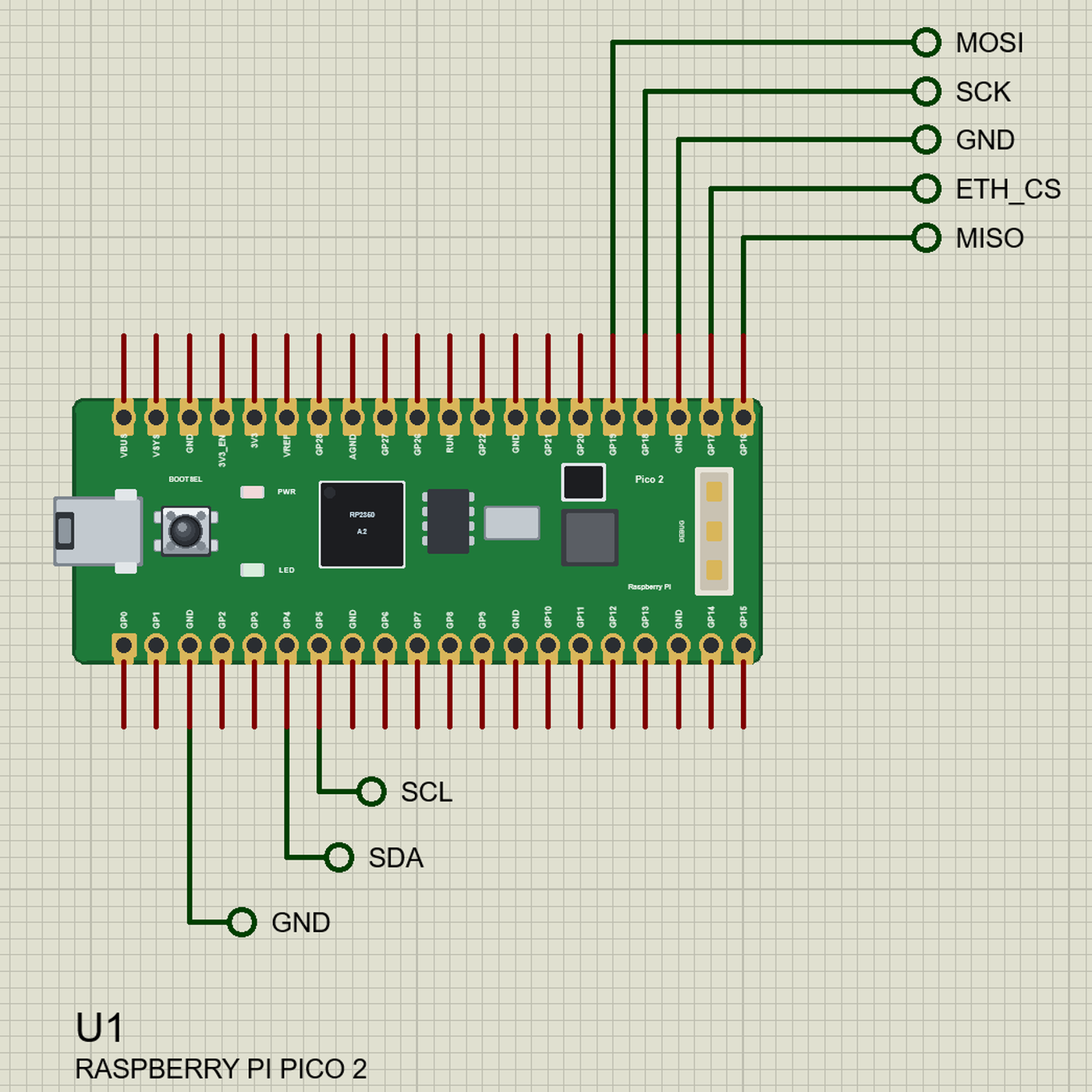 Raspberry Pi Pico 2 in Proteus wired to net labels
