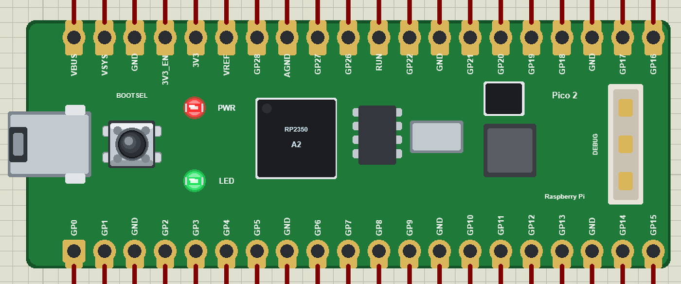 Raspberry Pi Pico 2 in Proteus with the PWR LED and the green LED on