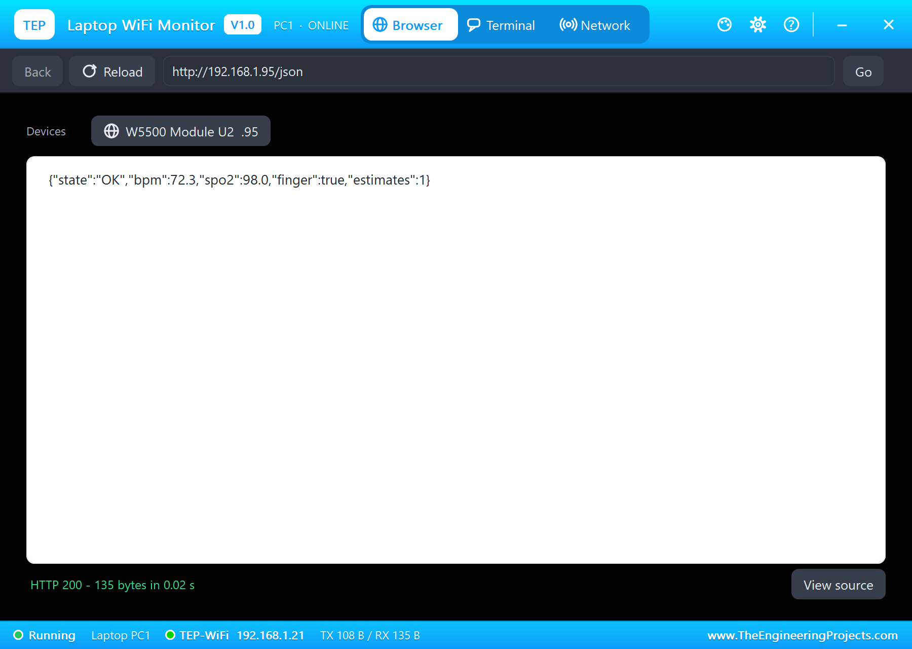 Laptop WiFi Monitor in Proteus showing the Pico 2 oximeter JSON
