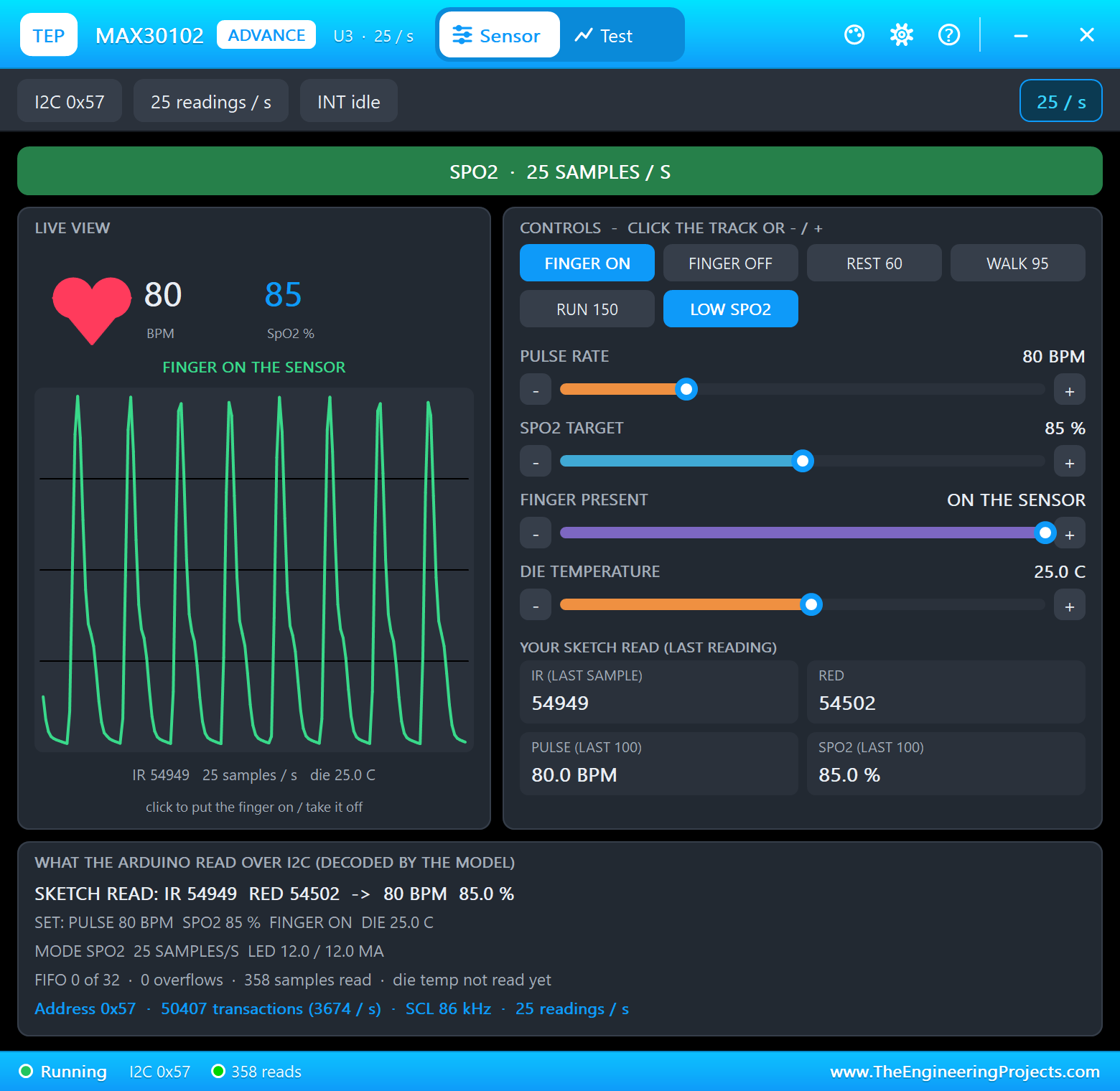 MAX30102 Advance pop-up in Proteus: the LOW SPO2 preset