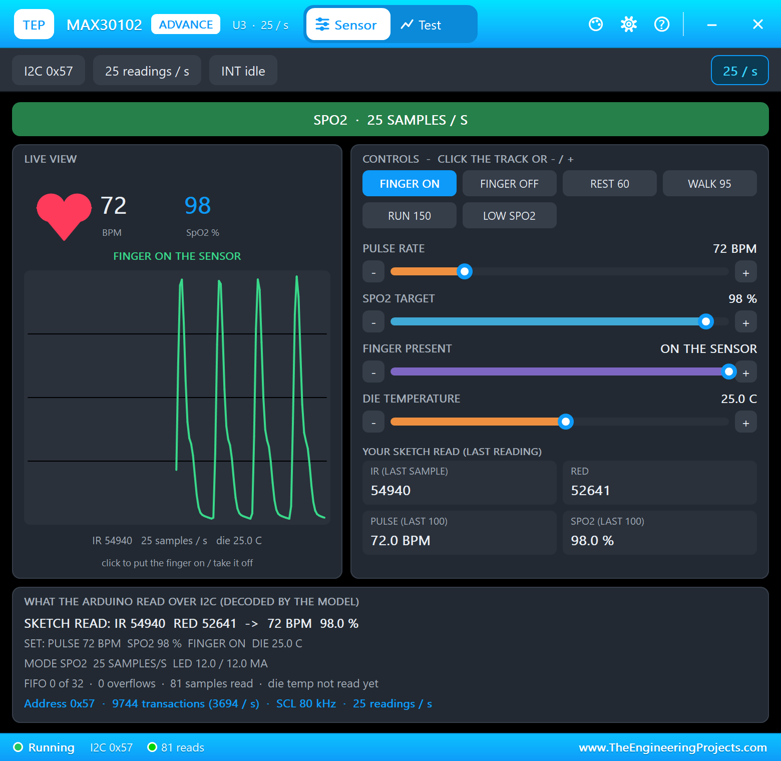 MAX30102 Advance pop-up in Proteus: a finger at 72 BPM and 98 %