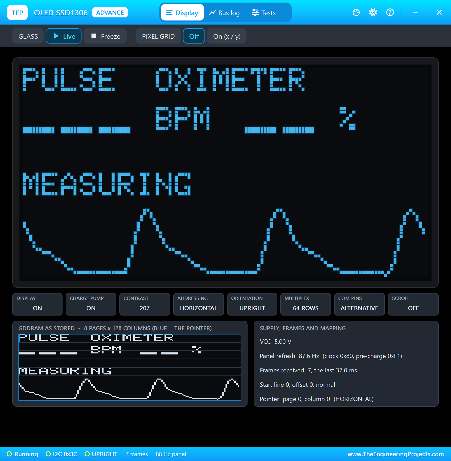 SSD1306 OLED Advance pop-up in Proteus: the pulse oximeter screen