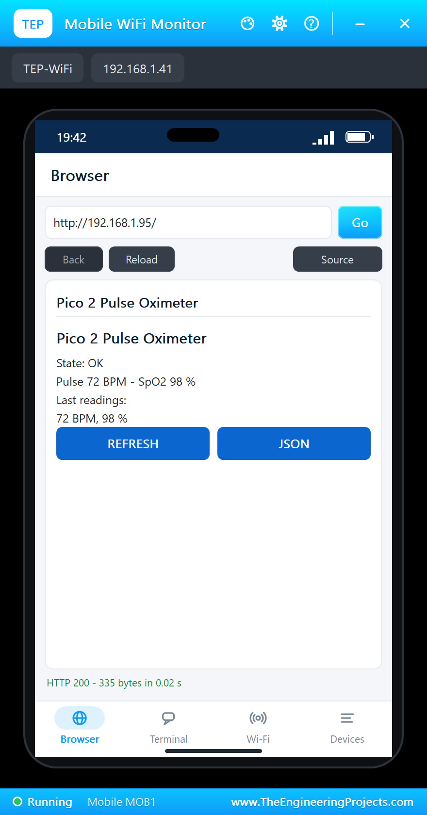 Mobile WiFi Monitor in Proteus showing the Pico 2 oximeter page