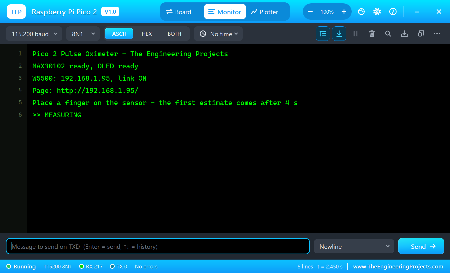 Raspberry Pi Pico 2 serial monitor in Proteus: the pulse oximeter starts
