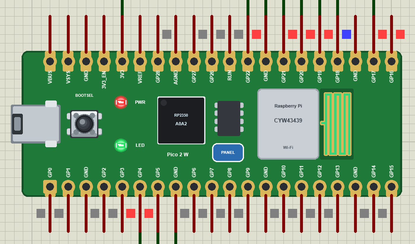 Raspberry Pi Pico 2 W in Proteus with the LED and the PWR LED lit