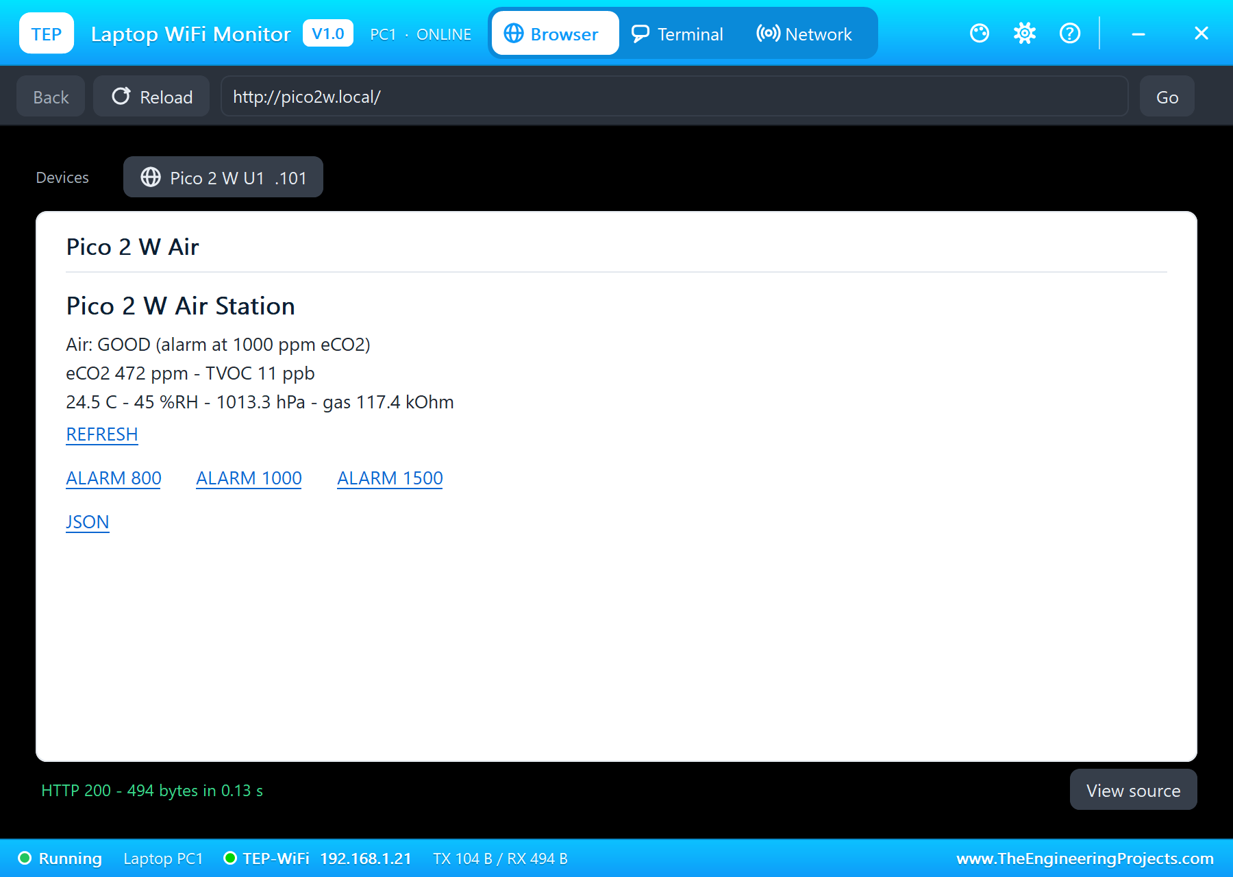 Laptop WiFi Monitor in Proteus showing the Pico 2 W air station page