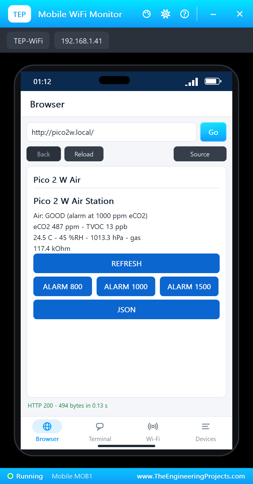 Mobile WiFi Monitor in Proteus showing the Pico 2 W air station page