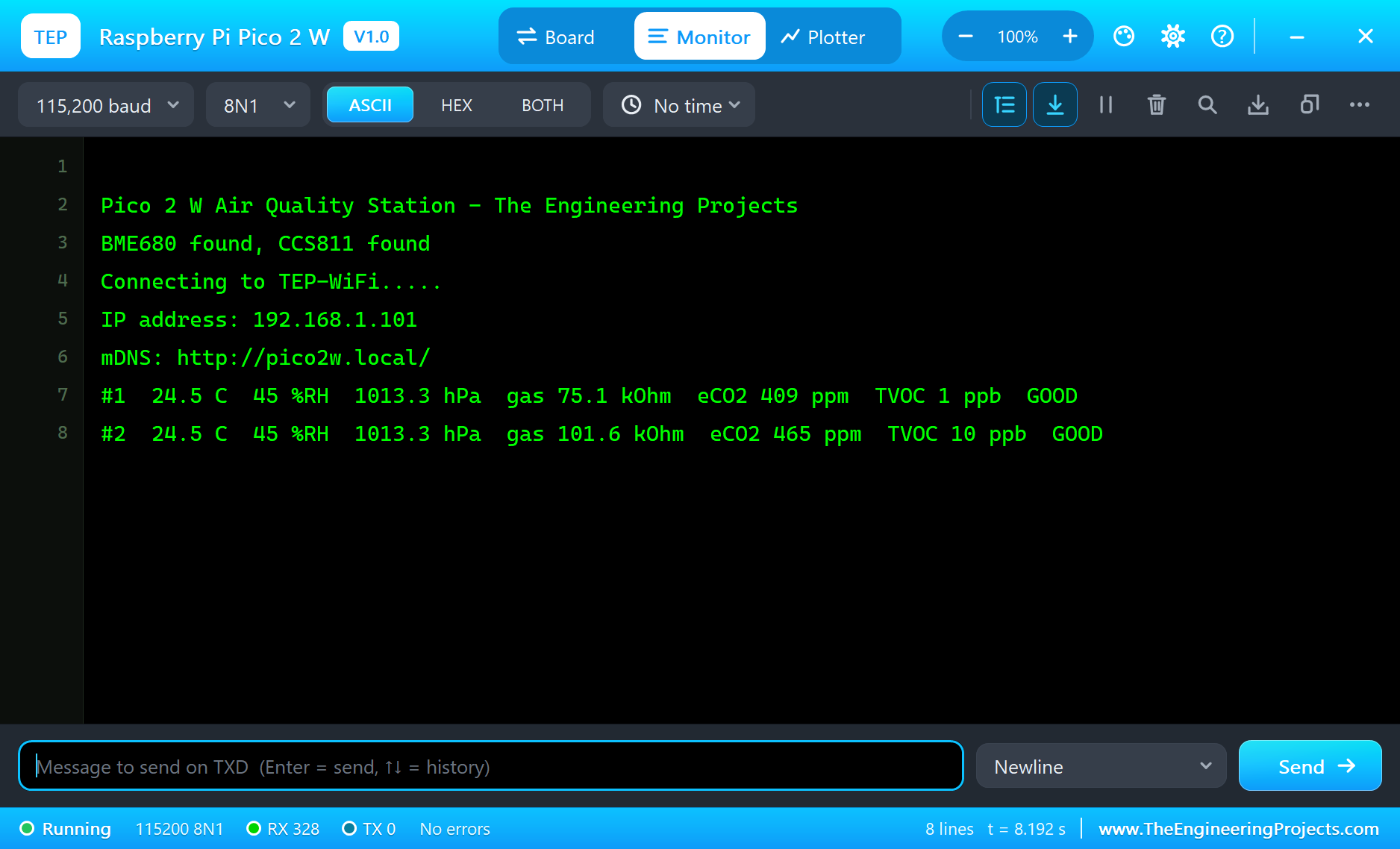 Raspberry Pi Pico 2 W serial monitor in Proteus: the air station starts