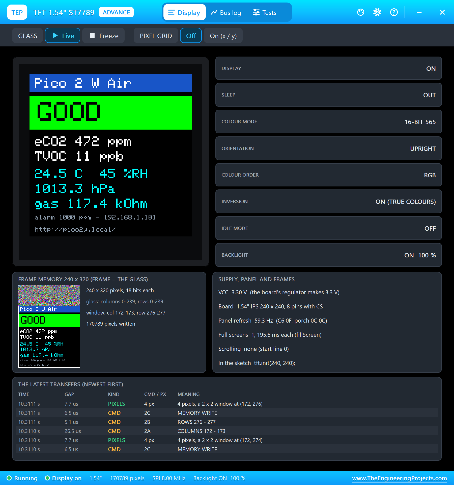 ST7789 Advance pop-up in Proteus: the Pico 2 W air station says GOOD