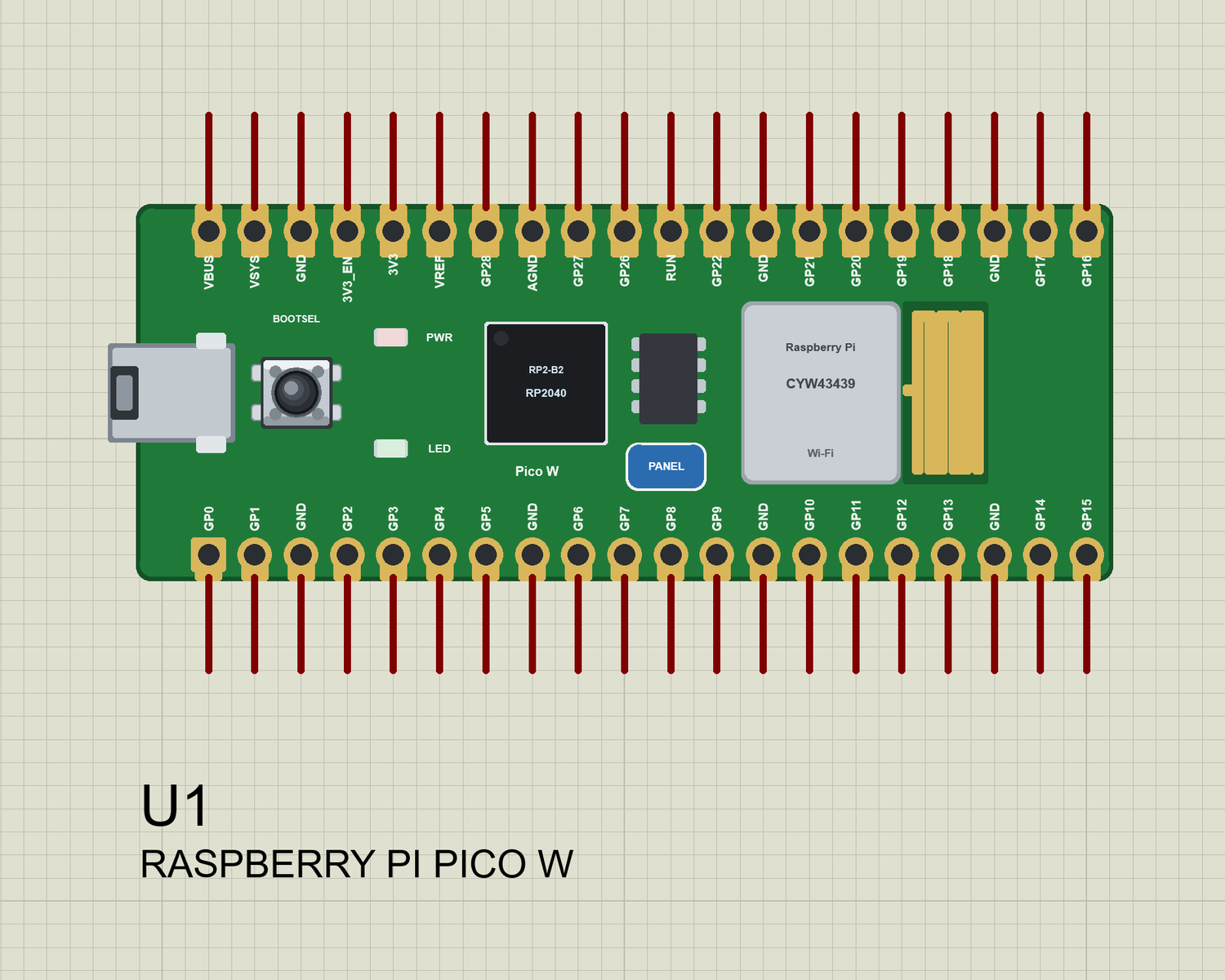 Raspberry Pi Pico W in Proteus before Run: the LEDs off