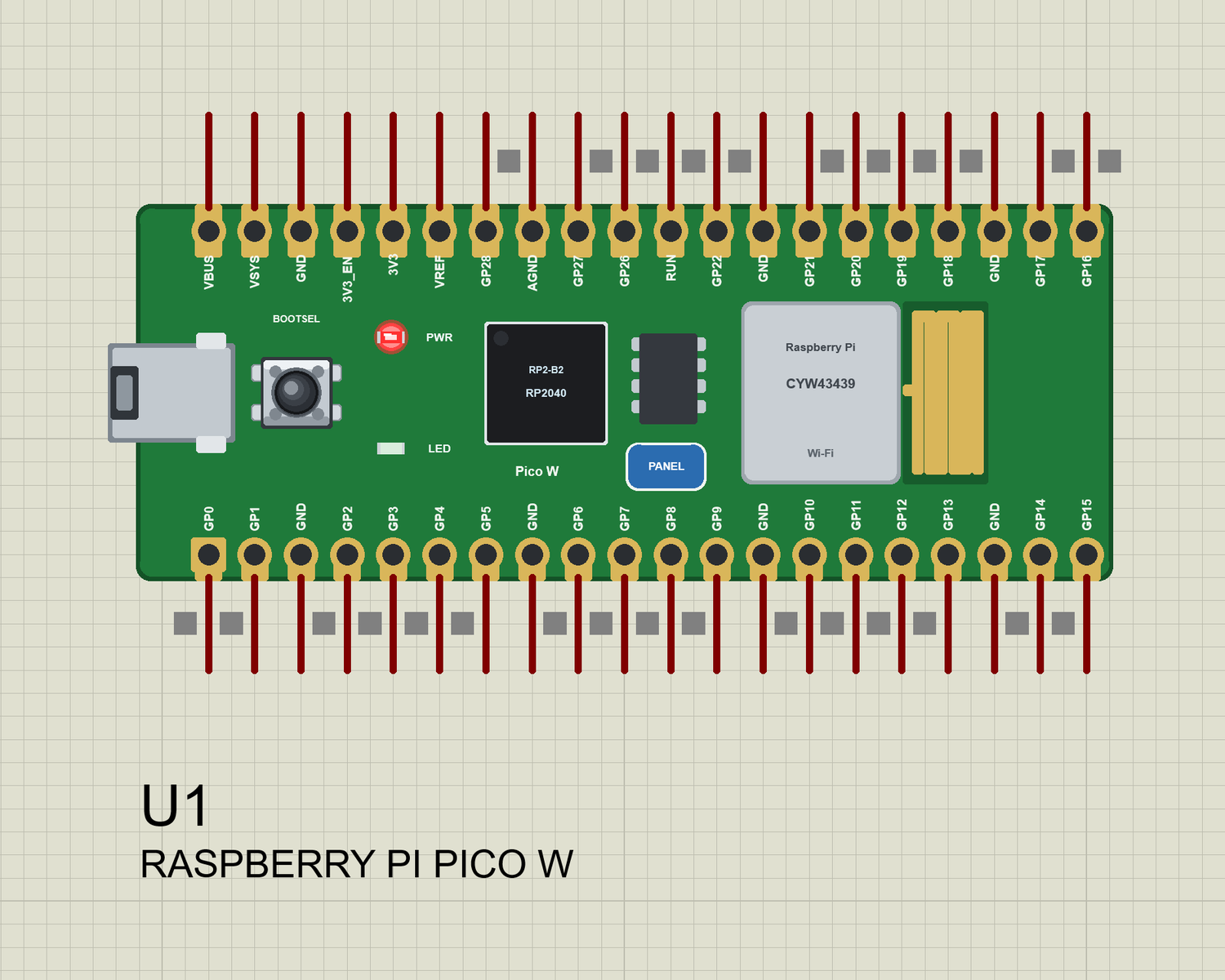 Raspberry Pi Pico W in Proteus joining the Wi-Fi: PWR lit, the LED off